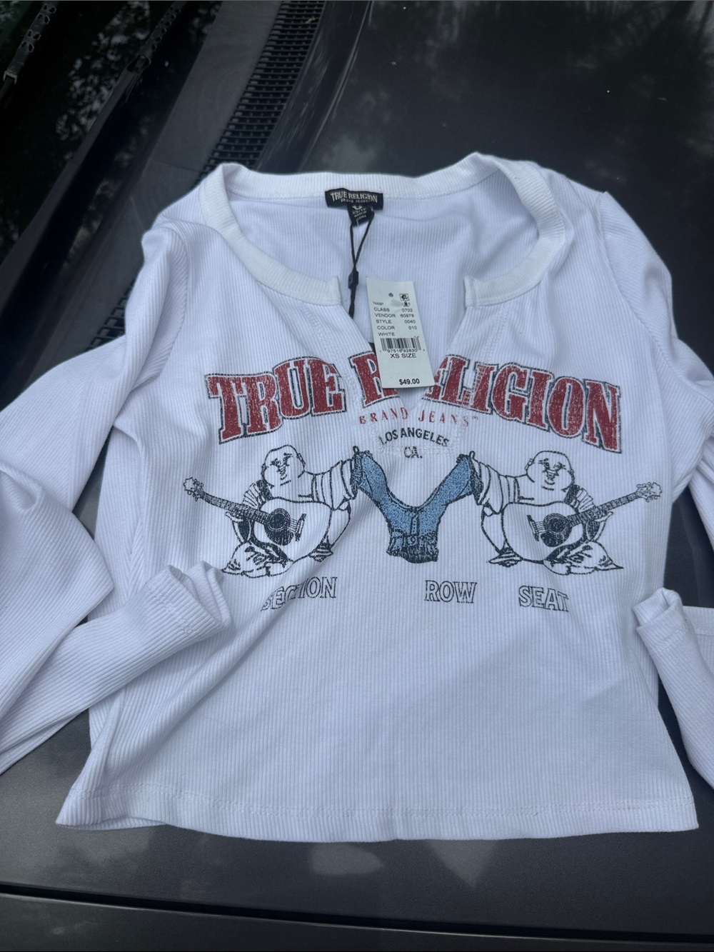 True Religion White Long Sleeve Tee with Red Logo and Blue Graphic